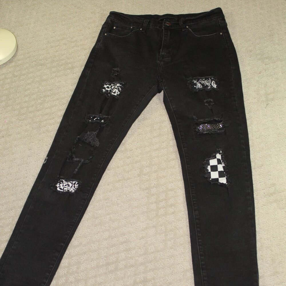 CHIC! Amiri Women's 30 Black Destroyed with Bling and Patterned Patches Jeans